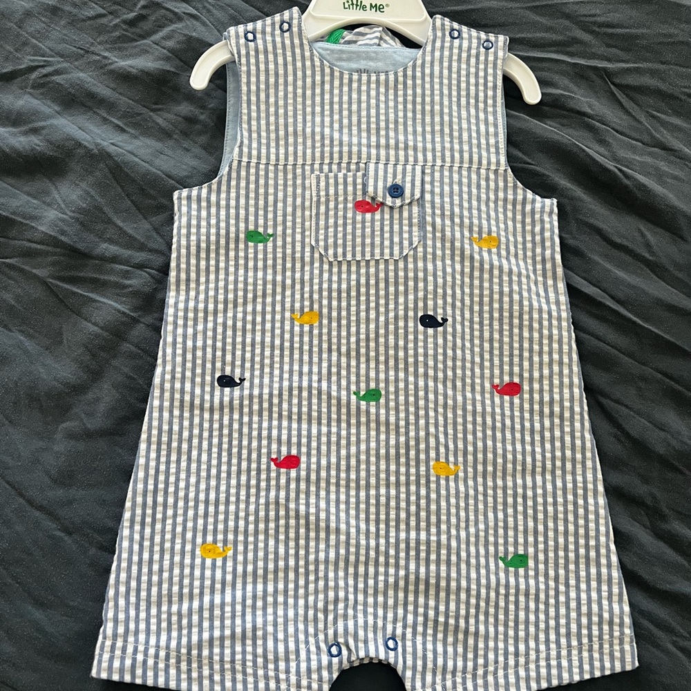 Little Me Blue and White Striped Cotton One-Piece with Multicolor Fish with hat!